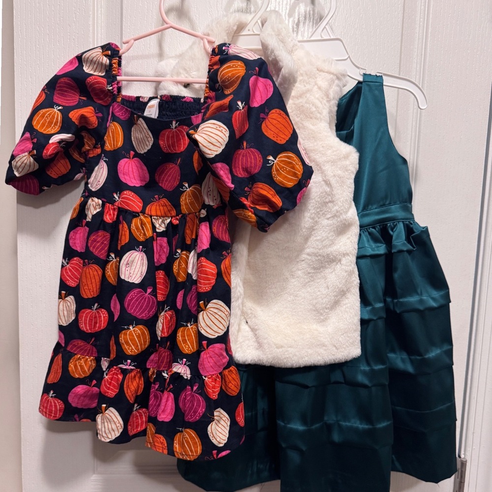 Gymboree Toddler Girls 3T Dress Lot Hanna Andersson Faux Fur Vest Pumpkin Satin